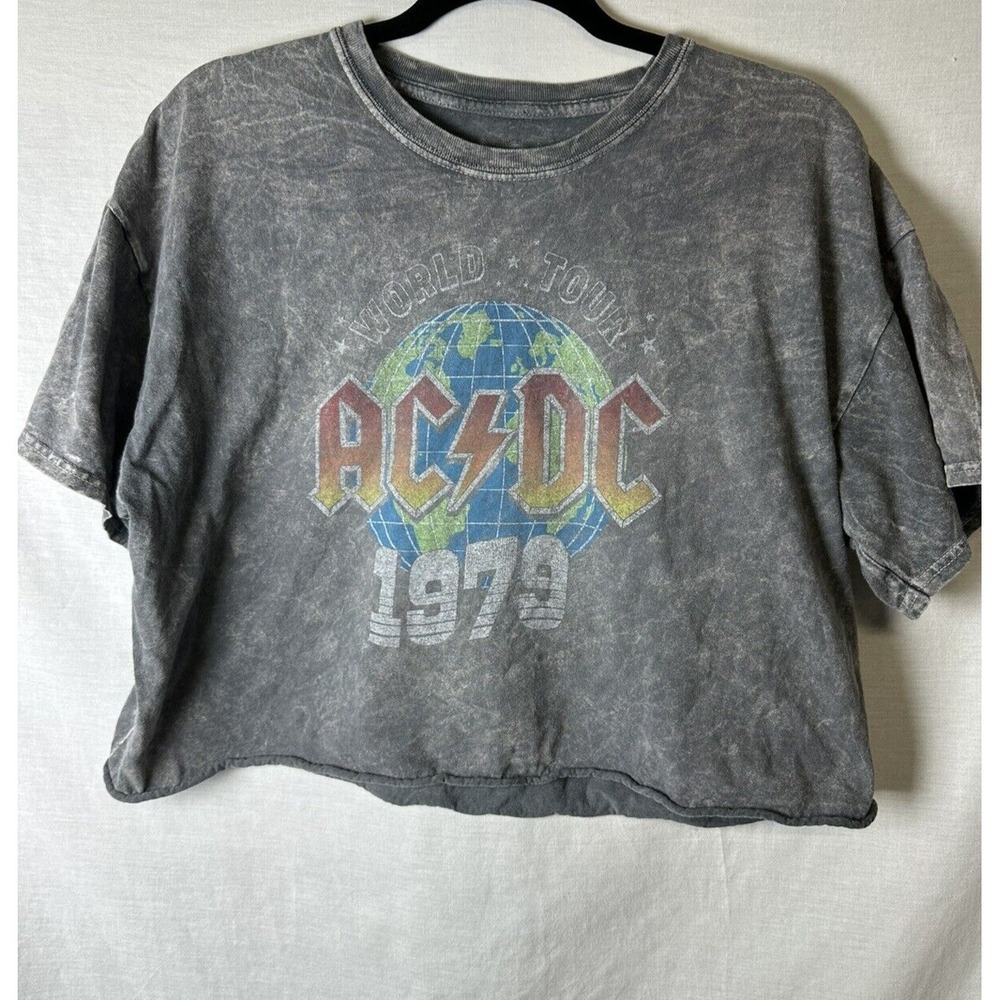 AC DC World Tour 1979 Grey Stone Wash Crop T-Shirt Women XL